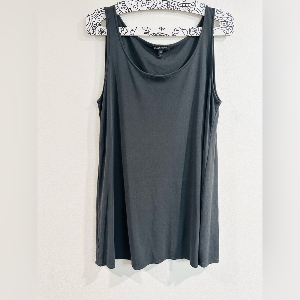 EILEEN FISHER 100% Silk Jersey Knit Scoop Neck Grey Tunic Top Womens Medium